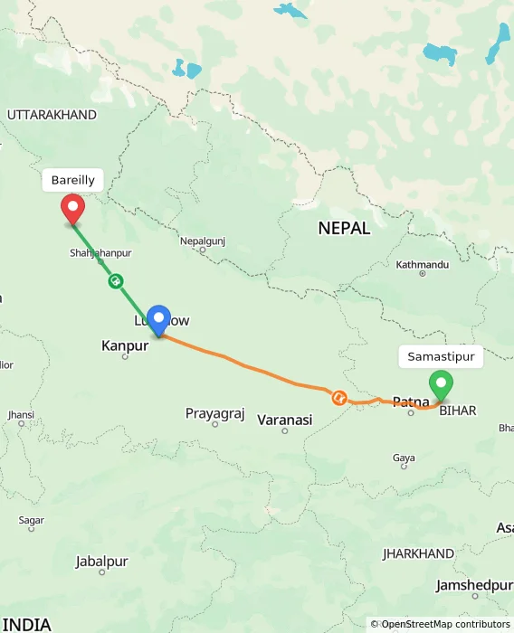 Route map showing distance and travel time from Samastipur, India to Bareilly, India