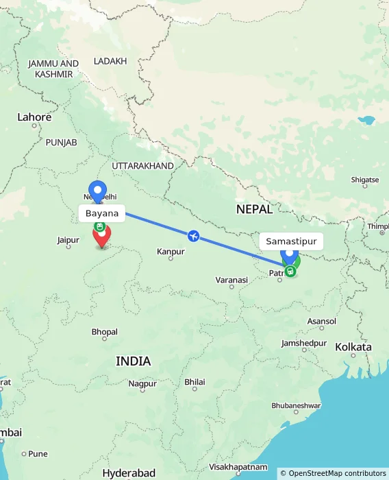 Route map showing distance and travel time from Samastipur, India to Bayana, India