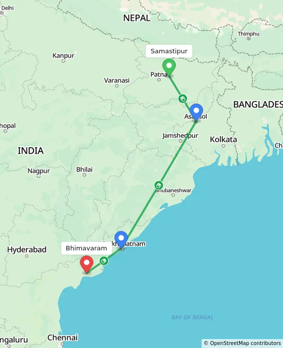 Route map showing distance and travel time from Samastipur, India to Bhimavaram, India