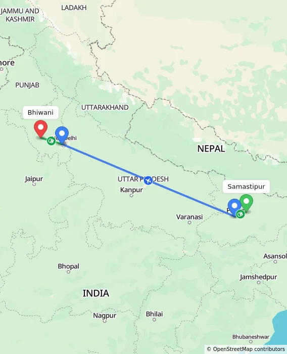 Route map showing distance and travel time from Samastipur, India to Bhiwani, India