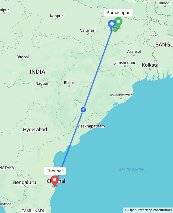 Route map showing distance and travel time from Samastipur, India to Chennai, India