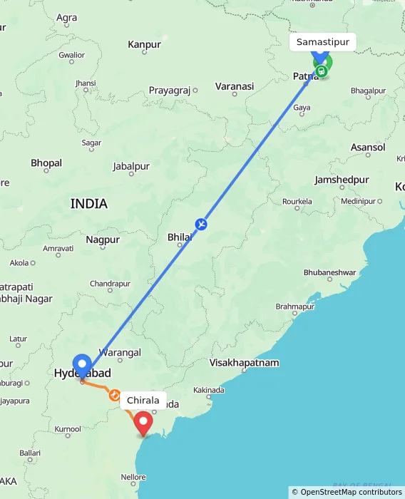 Route map showing distance and travel time from Samastipur, India to Chirala, India