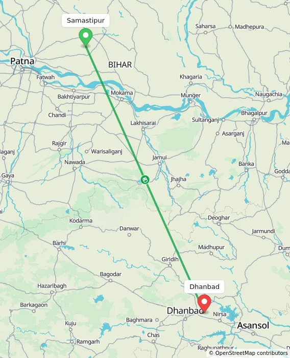 Route map showing distance and travel time from Samastipur, India to Dhanbad, India