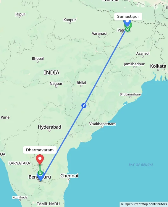 Route map showing distance and travel time from Samastipur, India to Dharmavaram, India