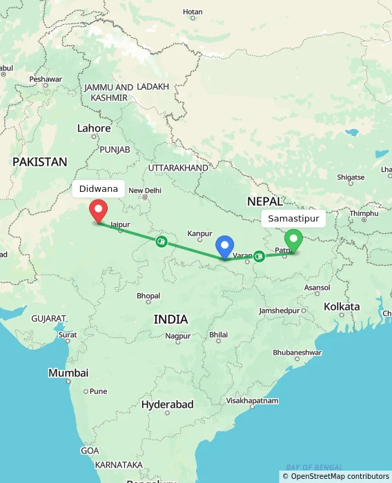 Route map showing distance and travel time from Samastipur, India to Didwana, India