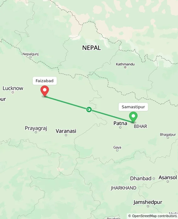 Route map showing distance and travel time from Samastipur, India to Faizabad, India