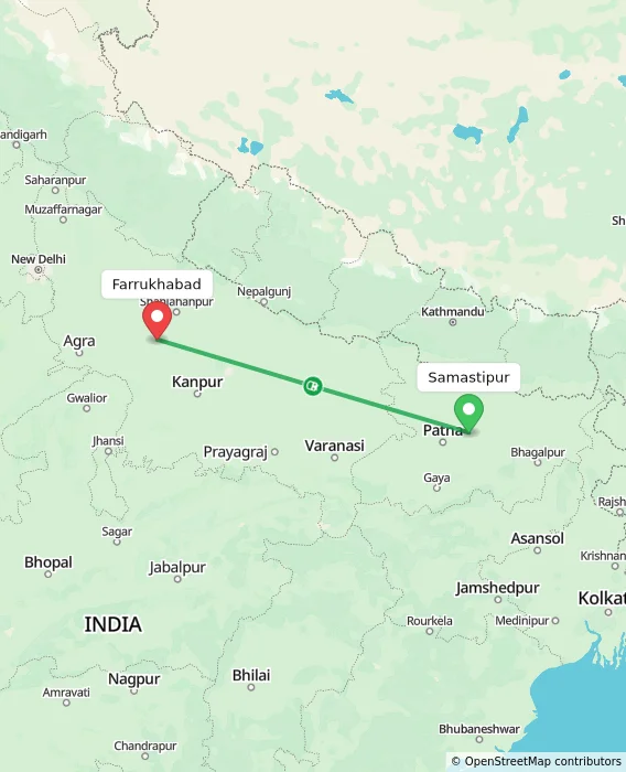 Route map showing distance and travel time from Samastipur, India to Farrukhabad, India