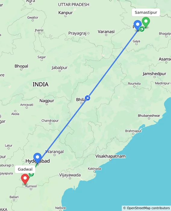 Route map showing distance and travel time from Samastipur, India to Gadwal, India