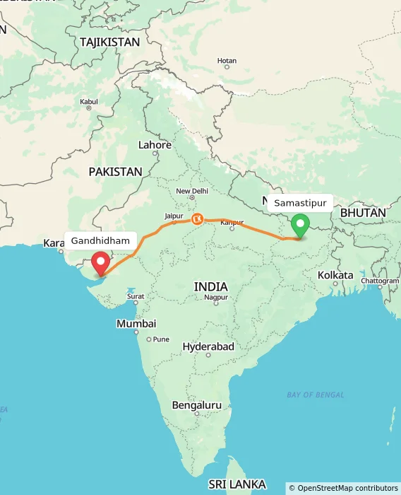 Route map showing distance and travel time from Samastipur, India to Gandhidham, India