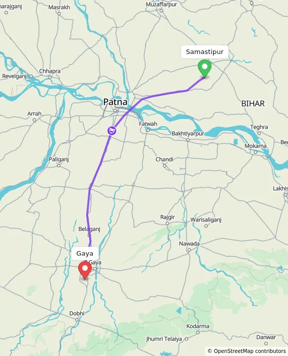 Route map showing distance and travel time from Samastipur, India to Gaya, India