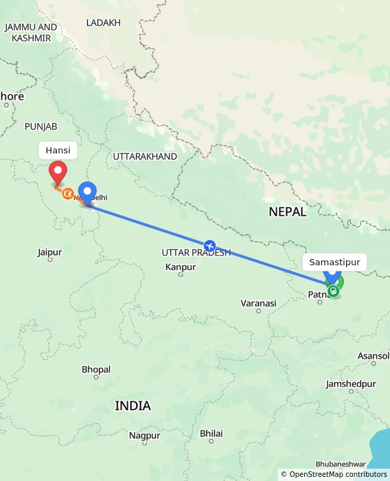 Route map showing distance and travel time from Samastipur, India to Hansi, India