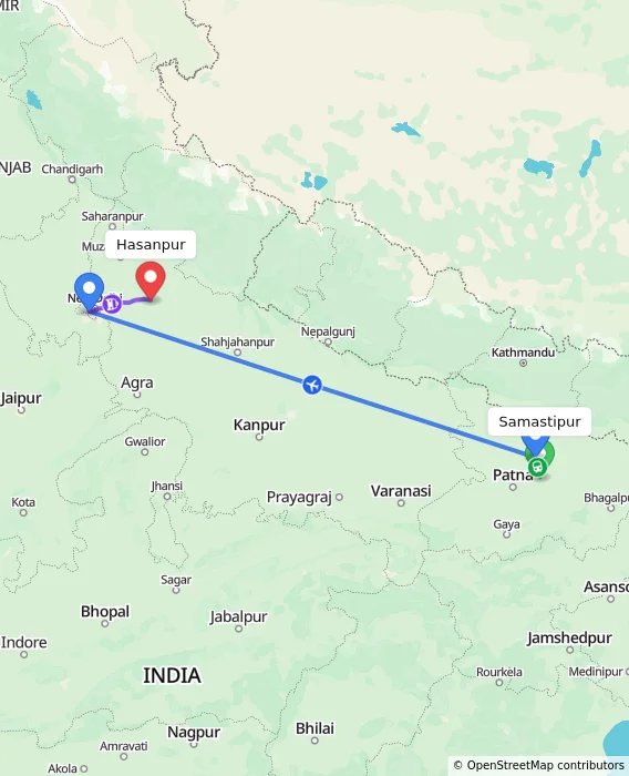 Route map showing distance and travel time from Samastipur, India to Hasanpur, India