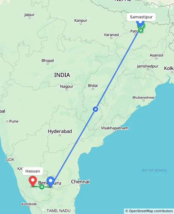 Route map showing distance and travel time from Samastipur, India to Hassan, India