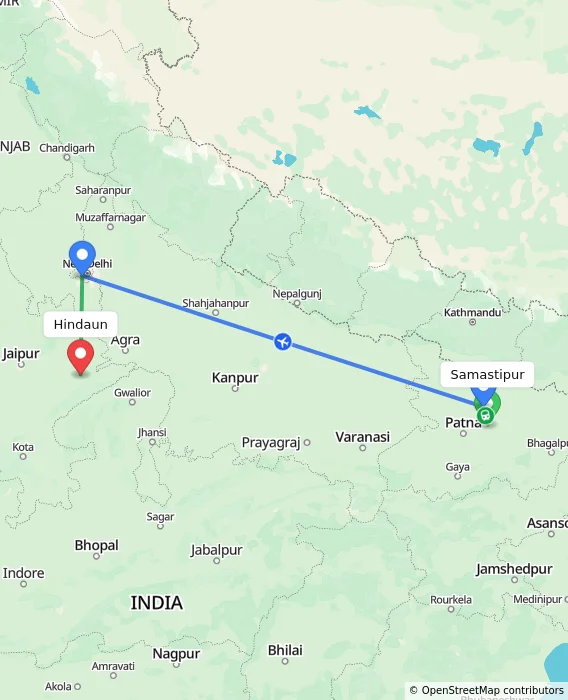 Route map showing distance and travel time from Samastipur, India to Hindaun, India