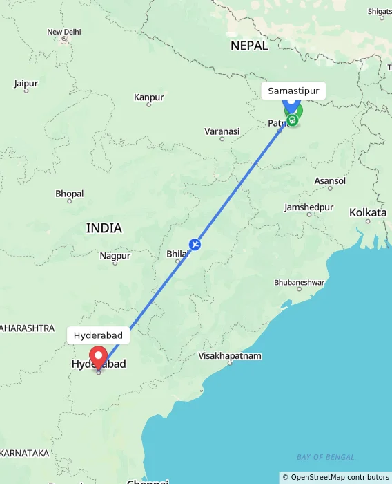 Route map showing distance and travel time from Samastipur, India to Hyderabad, India