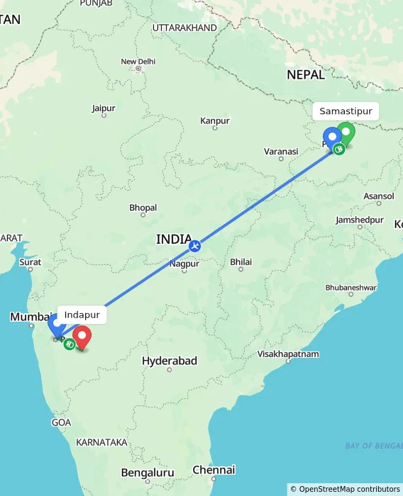 Route map showing distance and travel time from Samastipur, India to Indapur, India
