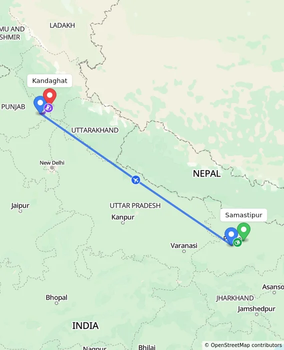 Route map showing distance and travel time from Samastipur, India to Kandaghat, India