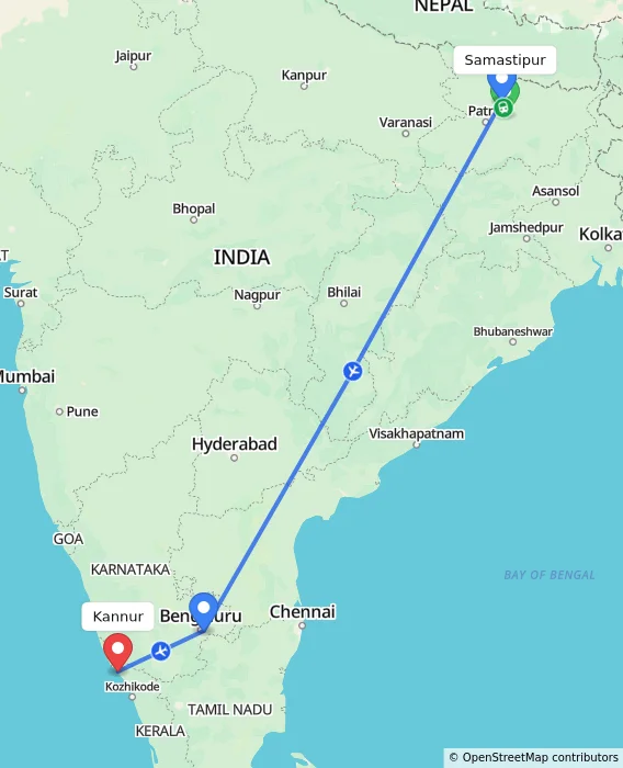 Route map showing distance and travel time from Samastipur, India to Kannur, India