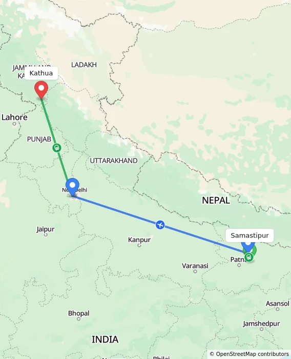 Route map showing distance and travel time from Samastipur, India to Kathua, India