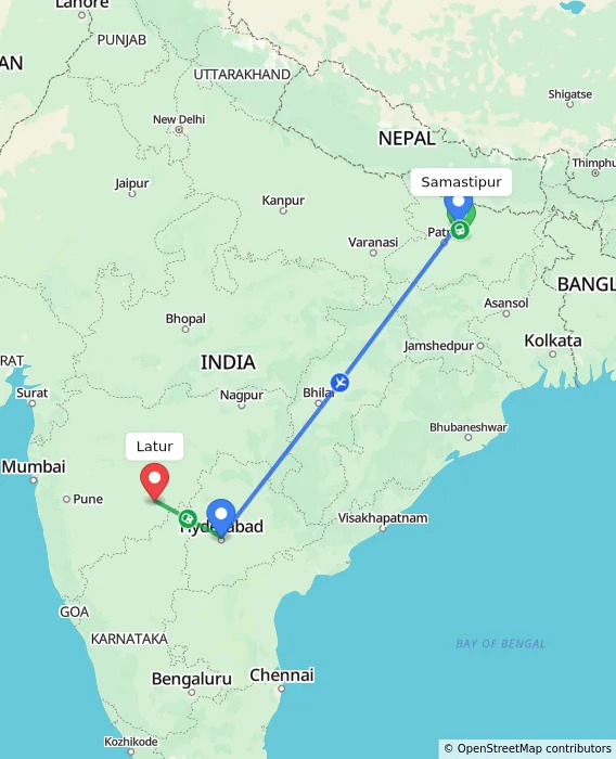 Route map showing distance and travel time from Samastipur, India to Latur, India