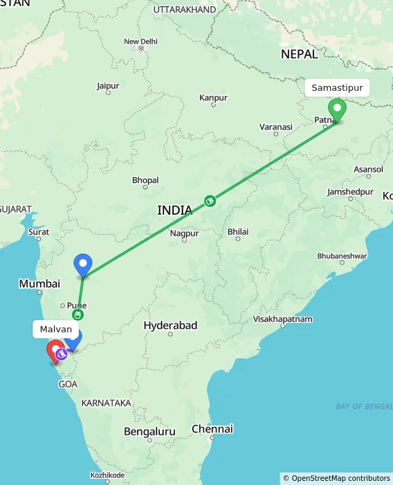 Route map showing distance and travel time from Samastipur, India to Malvan, India