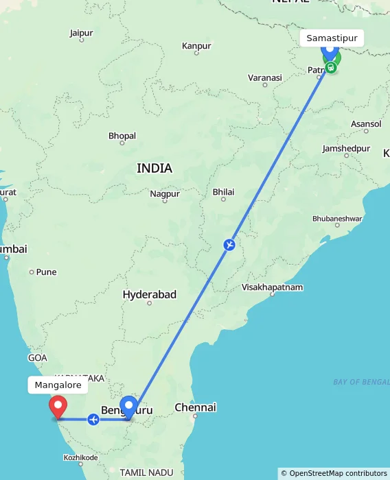 Route map showing distance and travel time from Samastipur, India to Mangalore, India