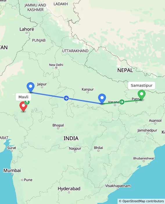 Route map showing distance and travel time from Samastipur, India to Mavli, India