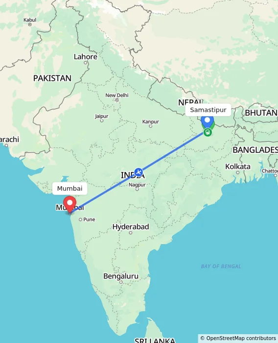 Route map showing distance and travel time from Samastipur, India to Mumbai, India