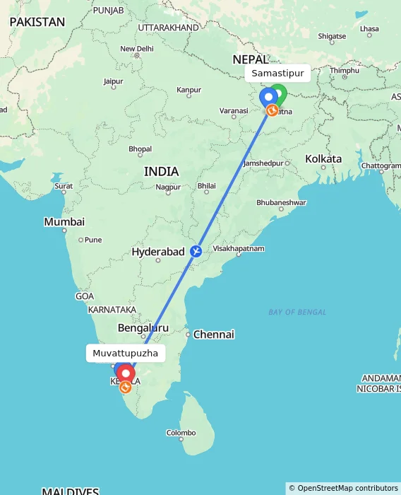 Route map showing distance and travel time from Samastipur, India to Muvattupuzha, India