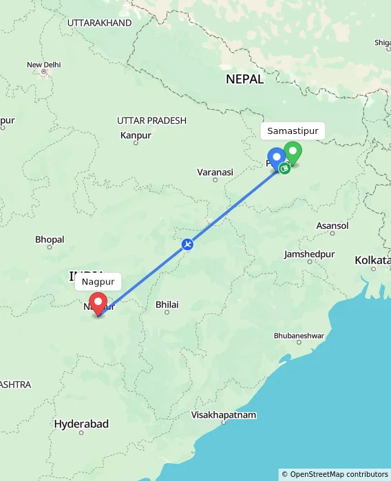 Route map showing distance and travel time from Samastipur, India to Nagpur, India