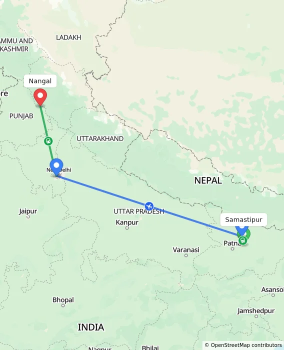 Route map showing distance and travel time from Samastipur, India to Nangal, India