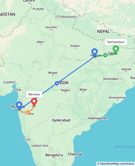 Route map showing distance and travel time from Samastipur, India to Nevasa, India