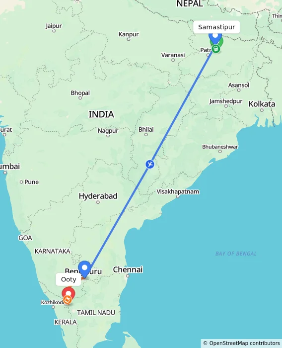 Route map showing distance and travel time from Samastipur, India to Ooty, India