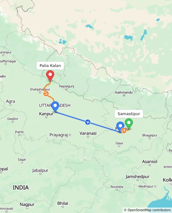 Route map showing distance and travel time from Samastipur, India to Palia Kalan, India