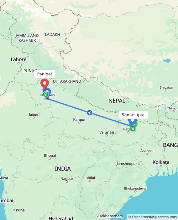 Route map showing distance and travel time from Samastipur, India to Panipat, India