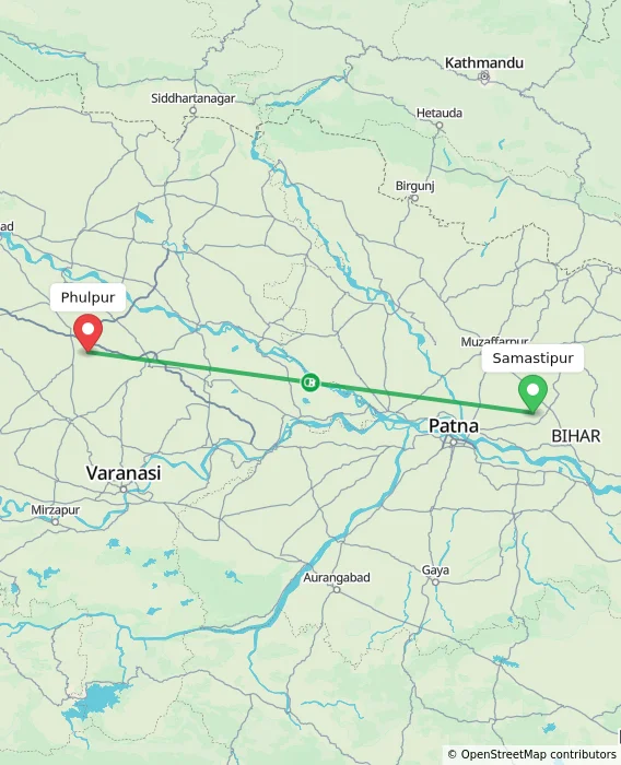 Route map showing distance and travel time from Samastipur, India to Phulpur, India