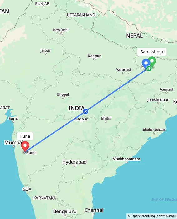 Route map showing distance and travel time from Samastipur, India to Pune, India