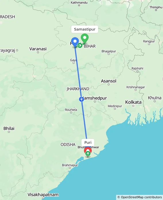 Route map showing distance and travel time from Samastipur, India to Puri, India