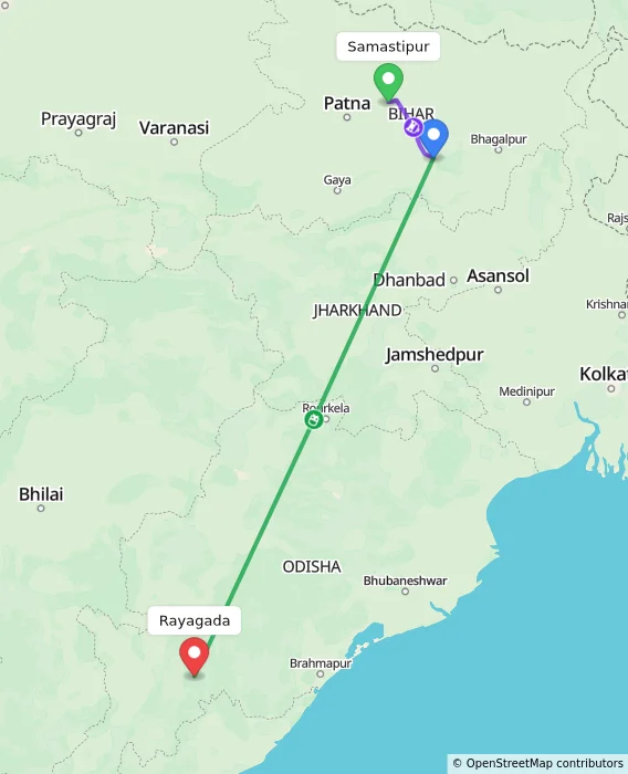Route map showing distance and travel time from Samastipur, India to Rayagada, India