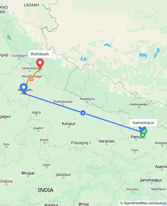 Route map showing distance and travel time from Samastipur, India to Rishikesh, India