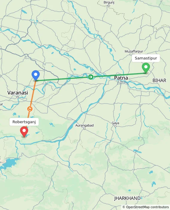 Route map showing distance and travel time from Samastipur, India to Robertsganj, India