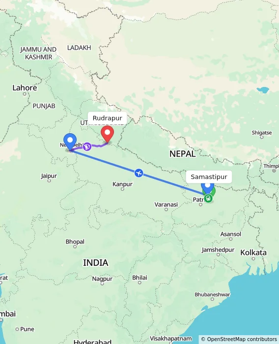 Route map showing distance and travel time from Samastipur, India to Rudrapur, India