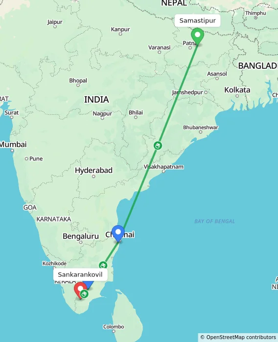 Route map showing distance and travel time from Samastipur, India to Sankarankovil, India