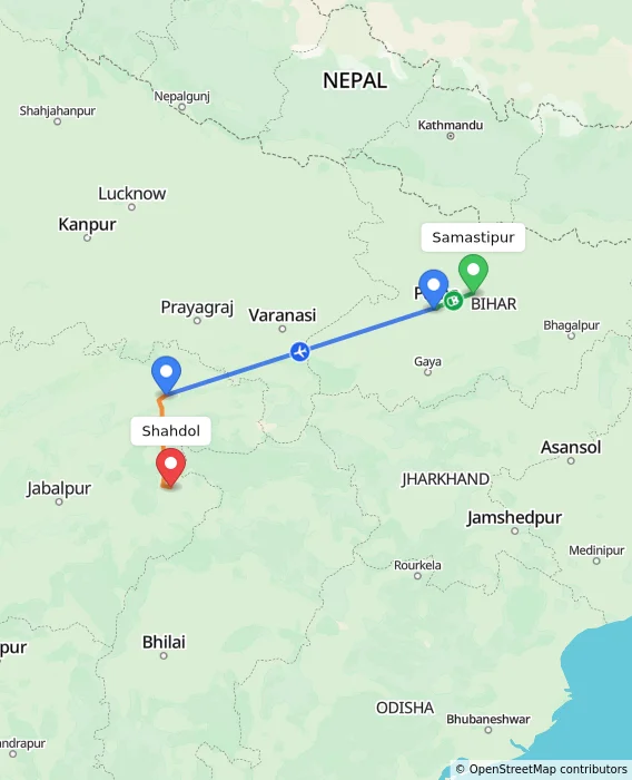 Route map showing distance and travel time from Samastipur, India to Shahdol, India