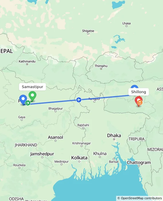 Route map showing distance and travel time from Samastipur, India to Shillong, India