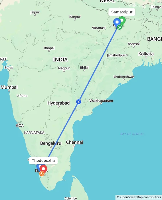 Route map showing distance and travel time from Samastipur, India to Thodupuzha, India