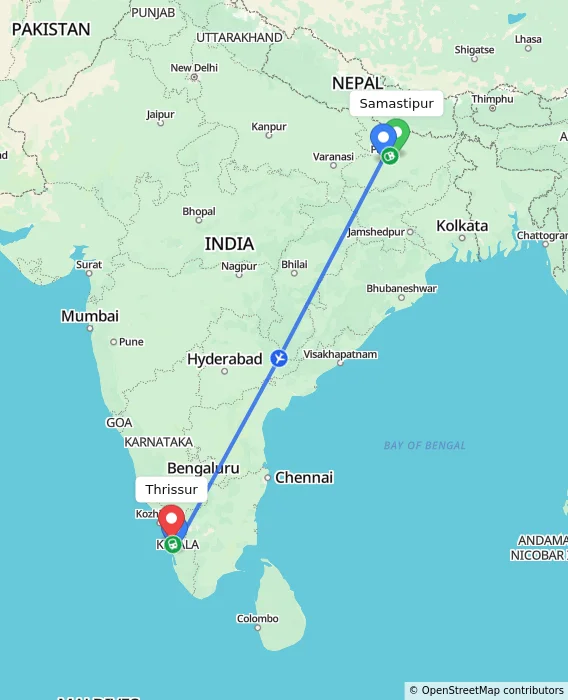 Route map showing distance and travel time from Samastipur, India to Thrissur, India