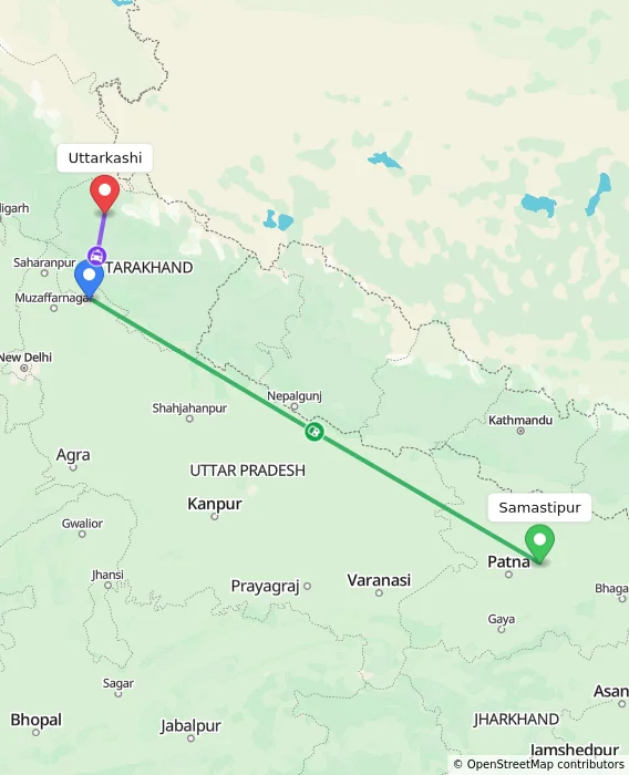 Route map showing distance and travel time from Samastipur, India to Uttarkashi, India