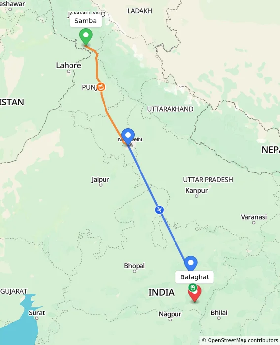 Route map showing distance and travel time from Samba, India to Balaghat, India