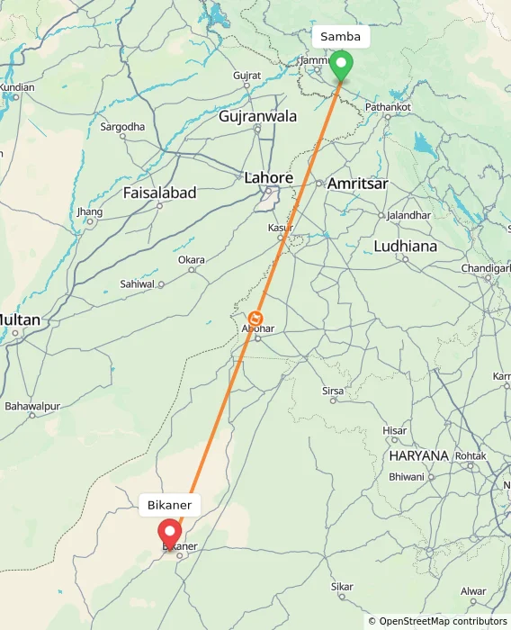 Route map showing distance and travel time from Samba, India to Bikaner, India